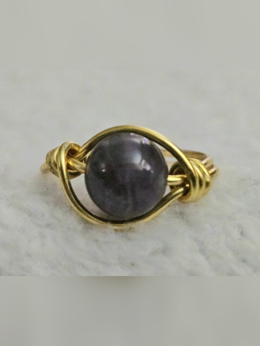 Gold Wire-Wrapped Ring with Gray-Purple Cabochon